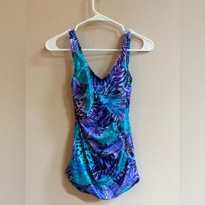 JANTZEN Vintage Multicolor Blue Purple Tropical One Piece Bathing Suit Swimsuit